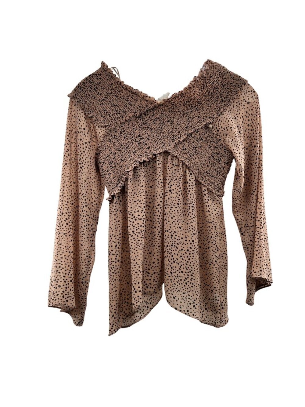 Flawless Women's V-Neck Smocked Top Tan/Black Spotted Size Small